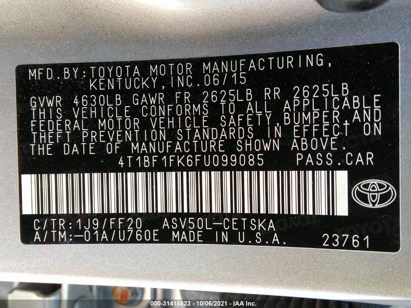 2015 TOYOTA CAMRY LE/XLE/SE/XSE 4T1BF1FK6FU099085