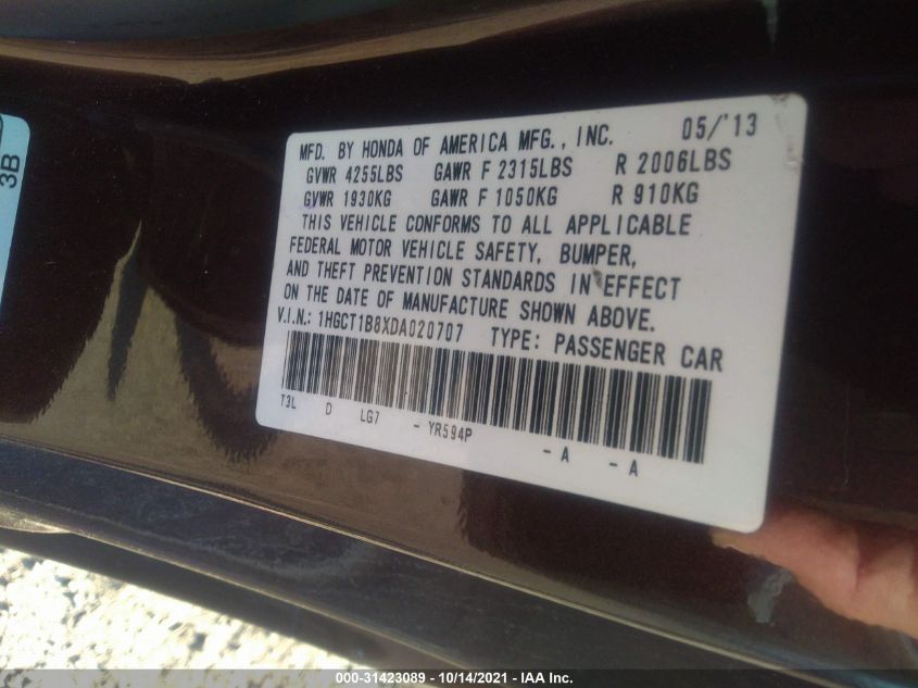 2013 HONDA ACCORD CPE EX-L 1HGCT1B8XDA020707