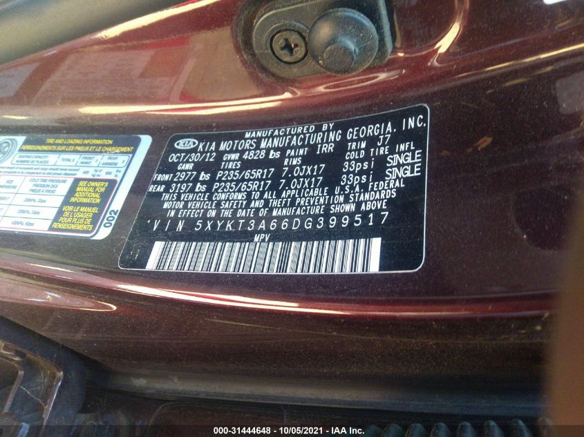 2013 KIA SORENTO LX 5XYKT3A66DG399517
