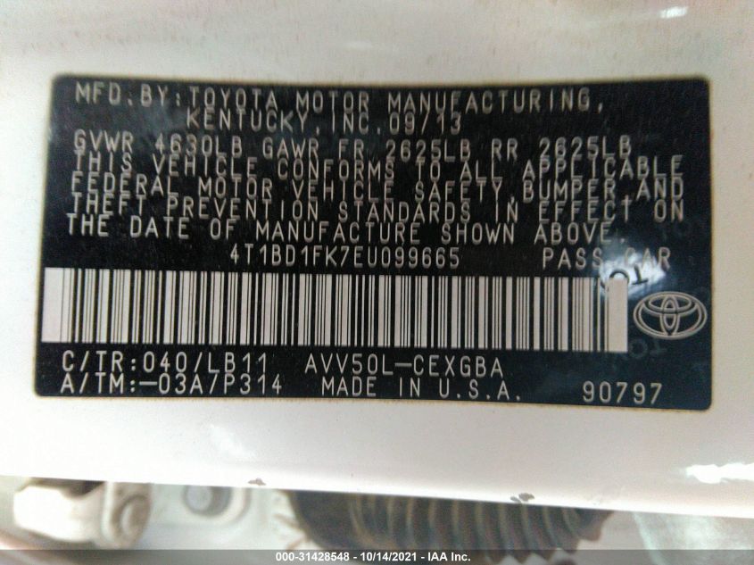 2014 TOYOTA CAMRY HYBRID LE/XLE/SE LIMITED EDITION 4T1BD1FK7EU099665