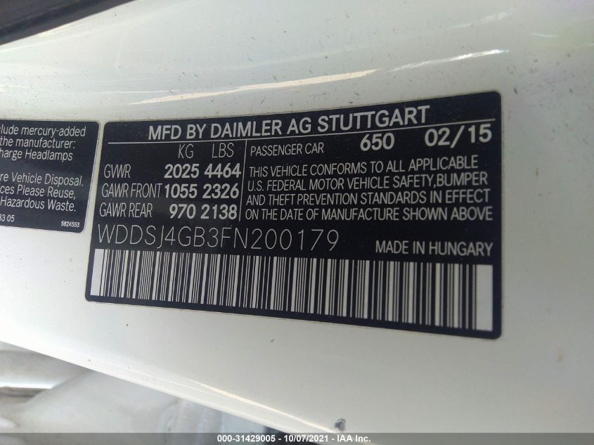 2015 MERCEDES-BENZ CLA-CLASS CLA 250 WDDSJ4GB3FN200179