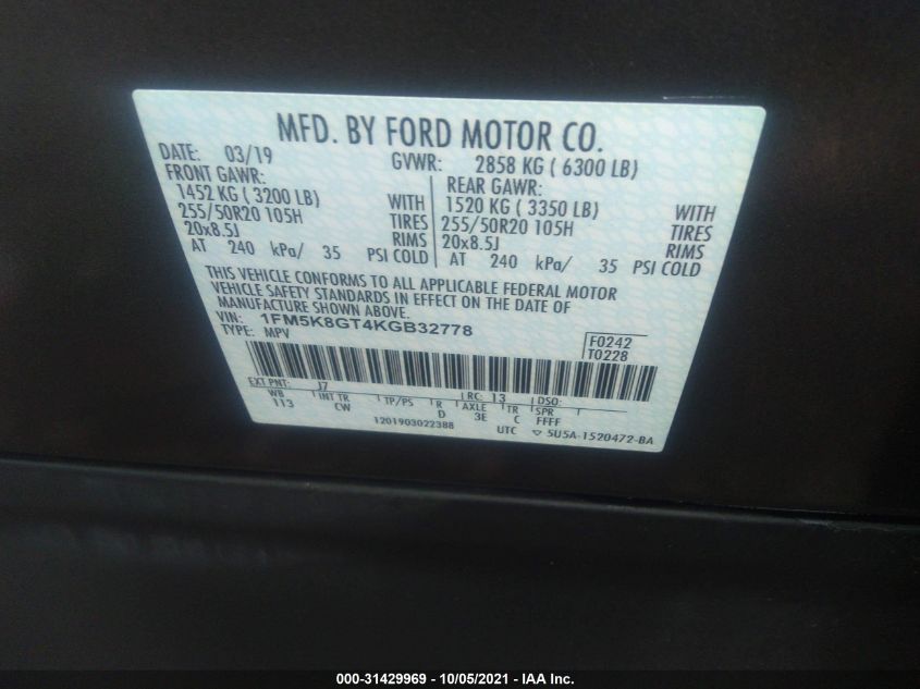 2019 FORD EXPLORER SPORT 1FM5K8GT4KGB32778