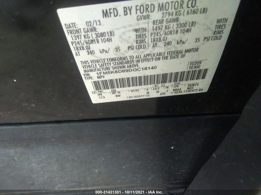 2013 FORD EXPLORER XLT 1FM5K8D89DGC18140