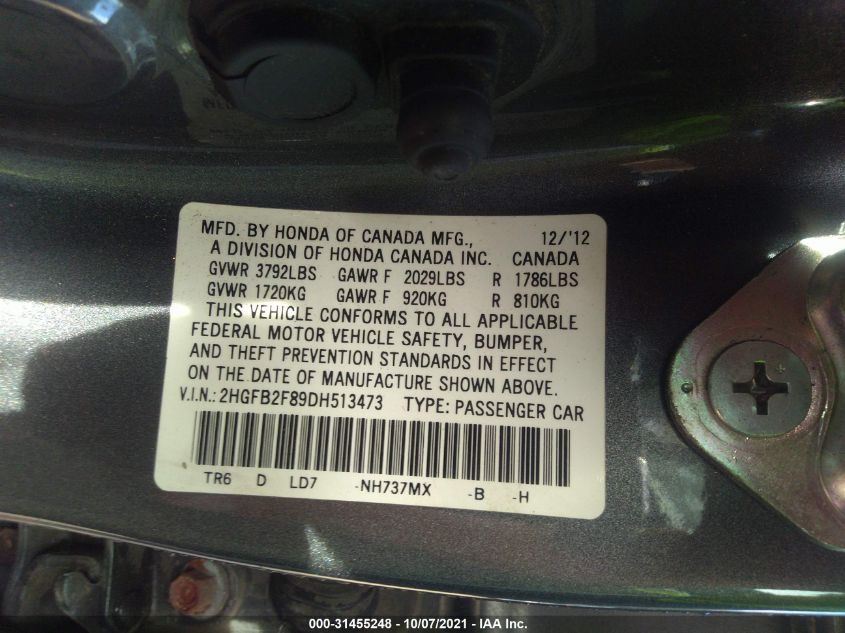 2013 HONDA CIVIC SDN EX 2HGFB2F89DH513473