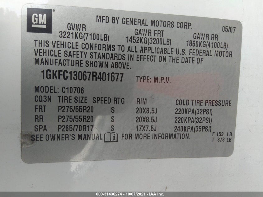 2007 GMC YUKON VIN: 1GKFC13067R401677