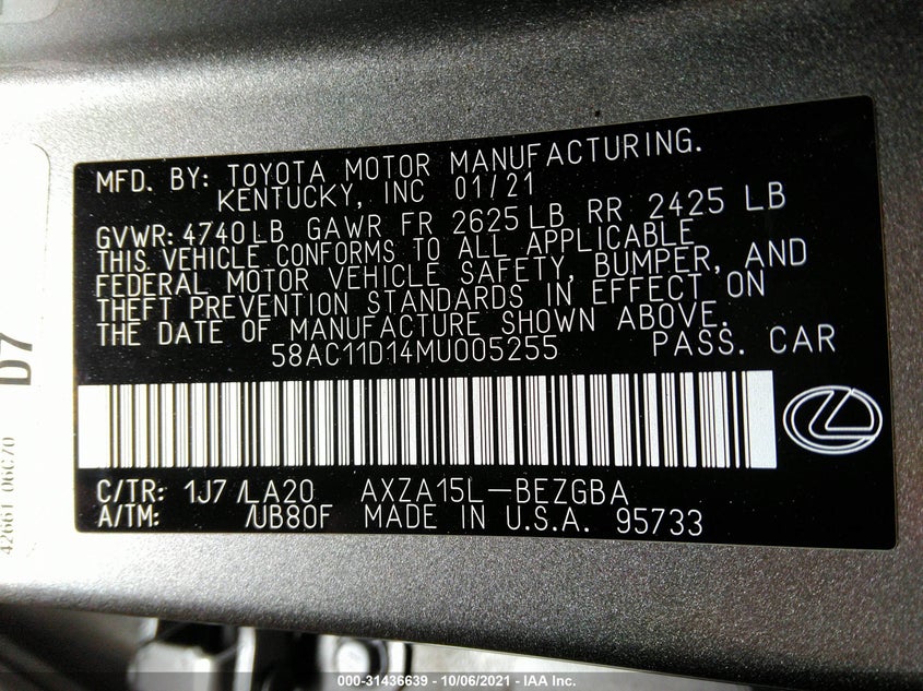 Auction sale of the 2021 LEXUS ES , vin: 58AC11D14MU005255, lot number: 31436639