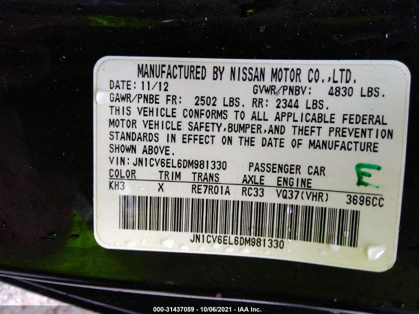 2013 INFINITI G37 COUPE X JN1CV6EL6DM981330