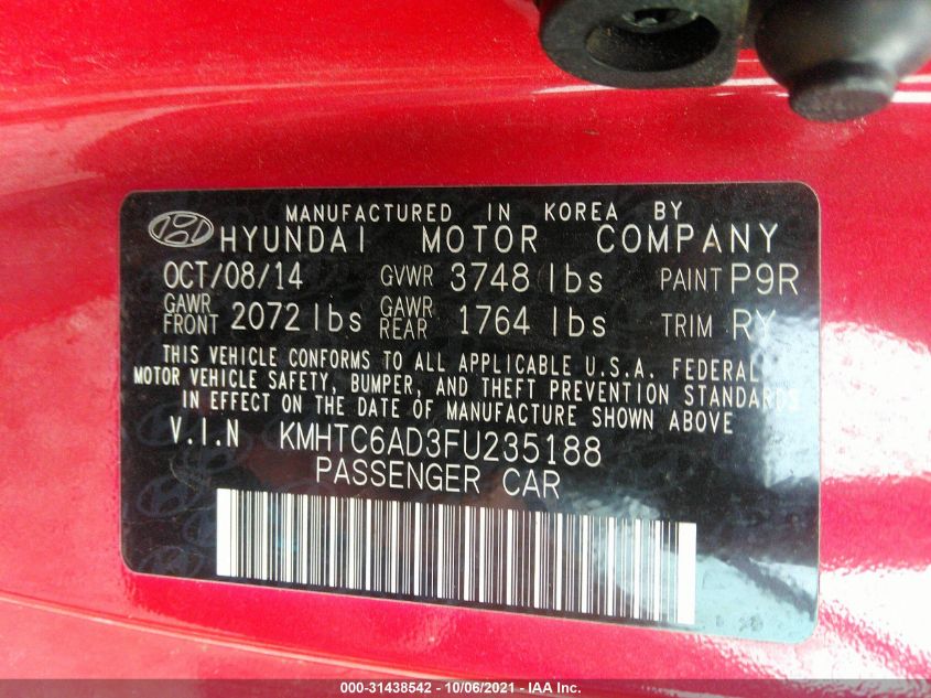2015 HYUNDAI VELOSTER KMHTC6AD3FU235188