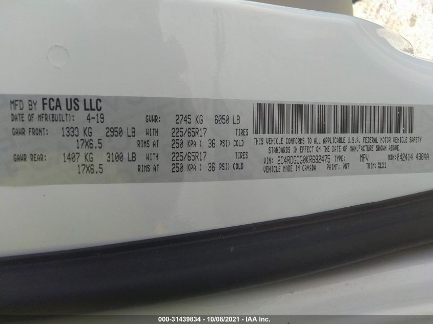 2019 DODGE GRAND CARAVAN SXT 2C4RDGCG0KR692475