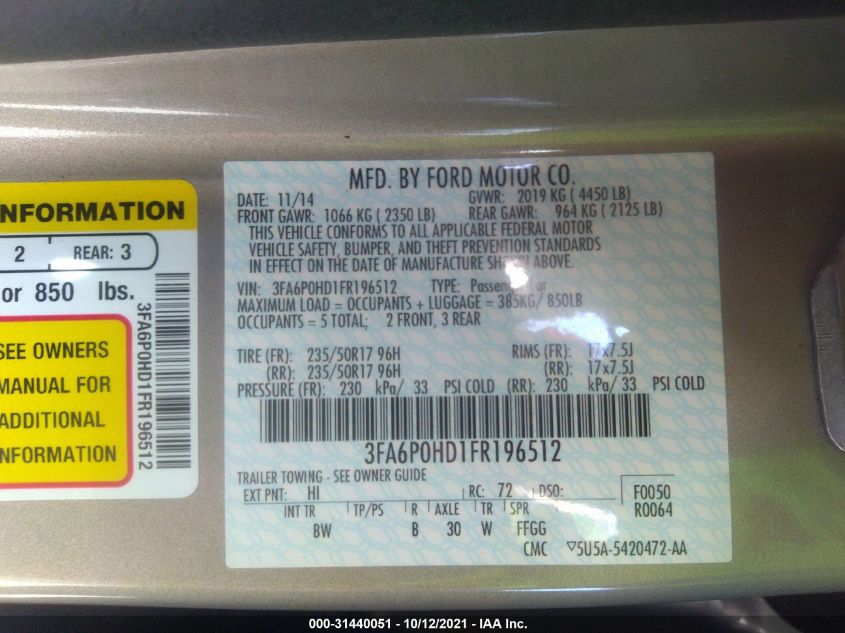 2015 FORD FUSION SE 3FA6P0HD1FR196512