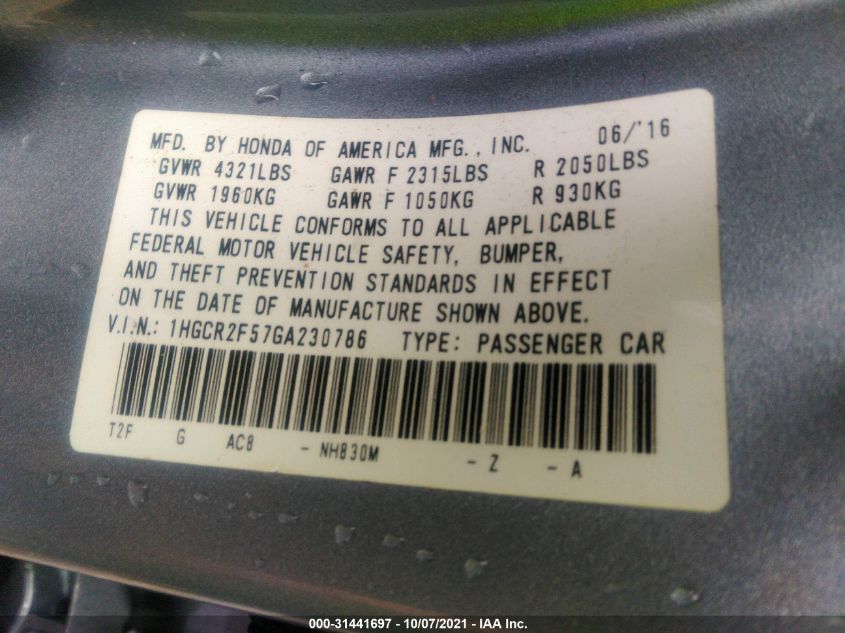 2016 HONDA ACCORD SEDAN SPORT 1HGCR2F57GA230786