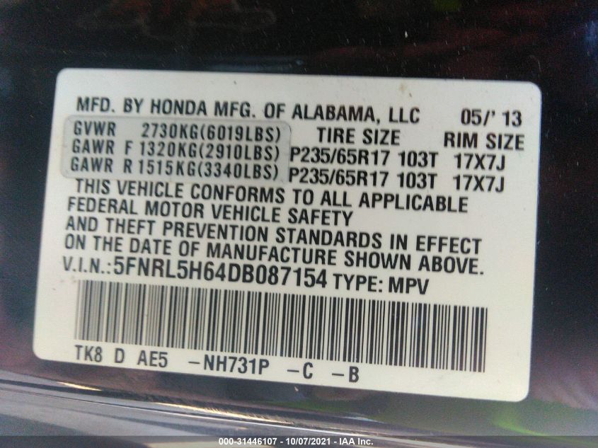 2013 HONDA ODYSSEY EX-L 5FNRL5H64DB087154