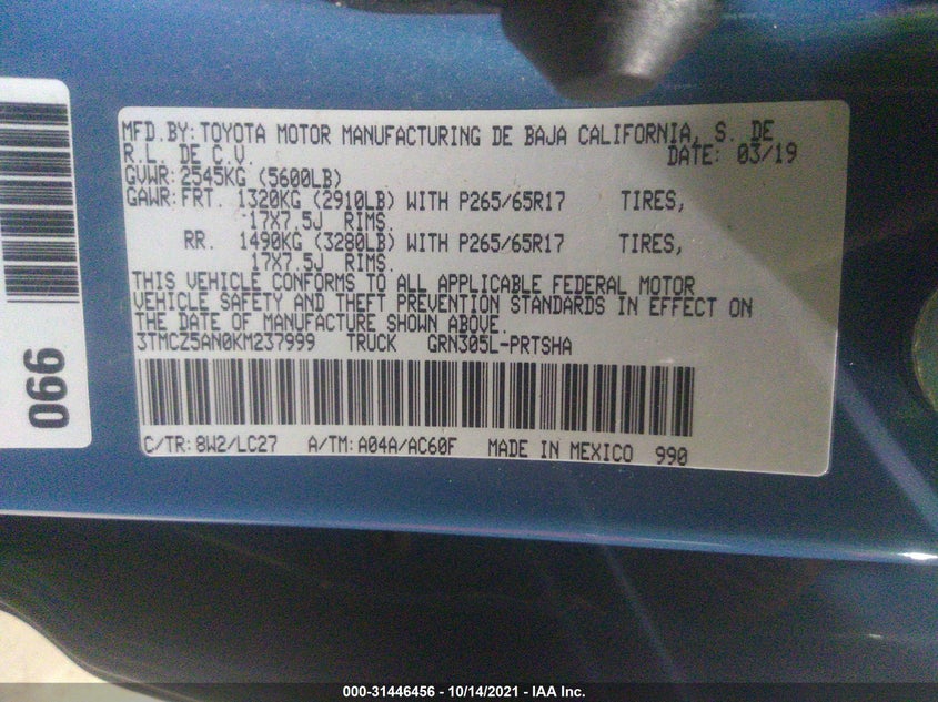 2019 TOYOTA TACOMA VIN: 3TMCZ5AN0KM237999