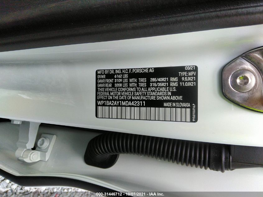 2021 PORSCHE CAYENNE WP1BA2AY1MDA42311