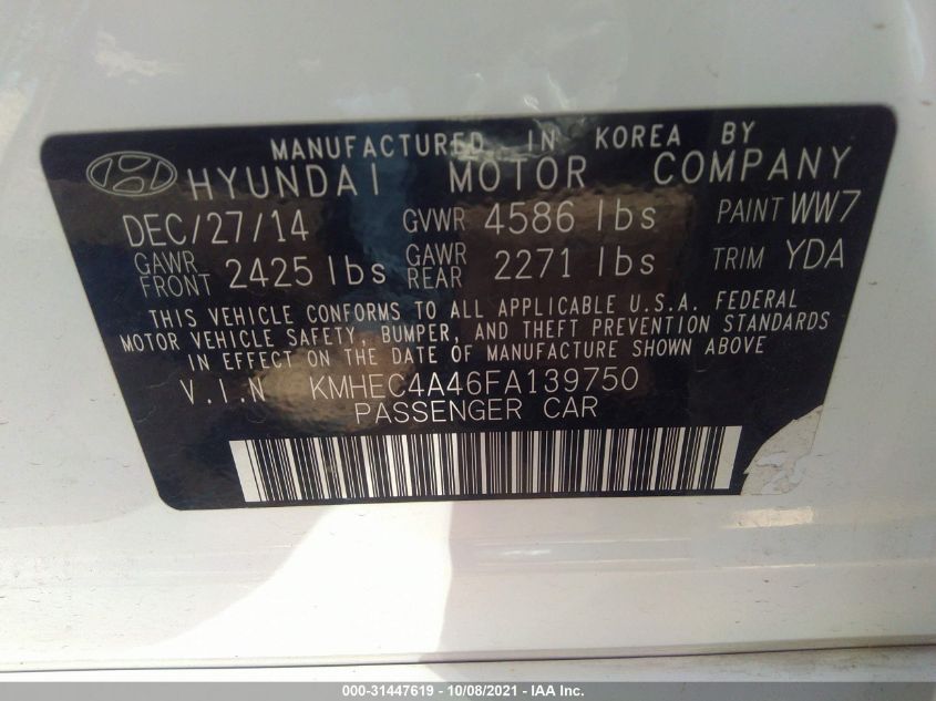2015 HYUNDAI SONATA HYBRID KMHEC4A46FA139750
