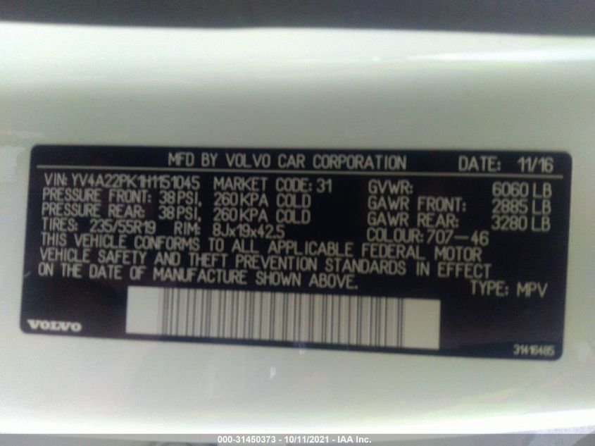 2017 VOLVO XC90 MOMENTUM YV4A22PK1H1151045