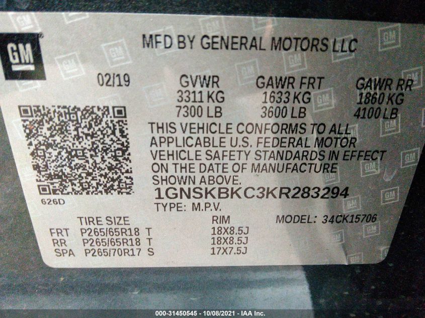 2019 CHEVROLET TAHOE LT 1GNSKBKC3KR283294