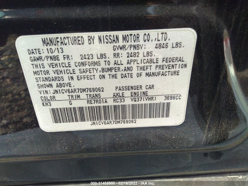 2013 INFINITI G37X - JN1CV6AR7DM769062