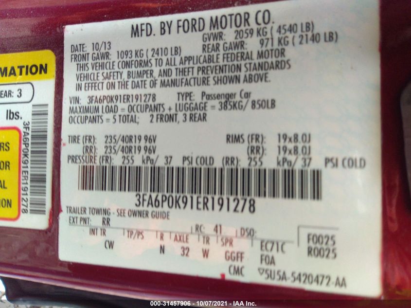 2014 FORD FUSION TITANIUM 3FA6P0K91ER191278