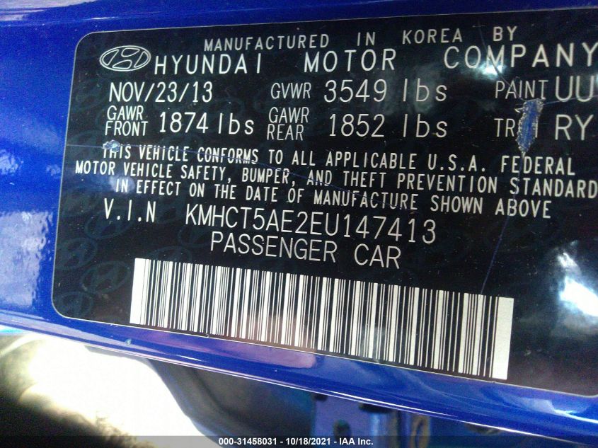 2014 HYUNDAI ACCENT GS KMHCT5AE2EU147413