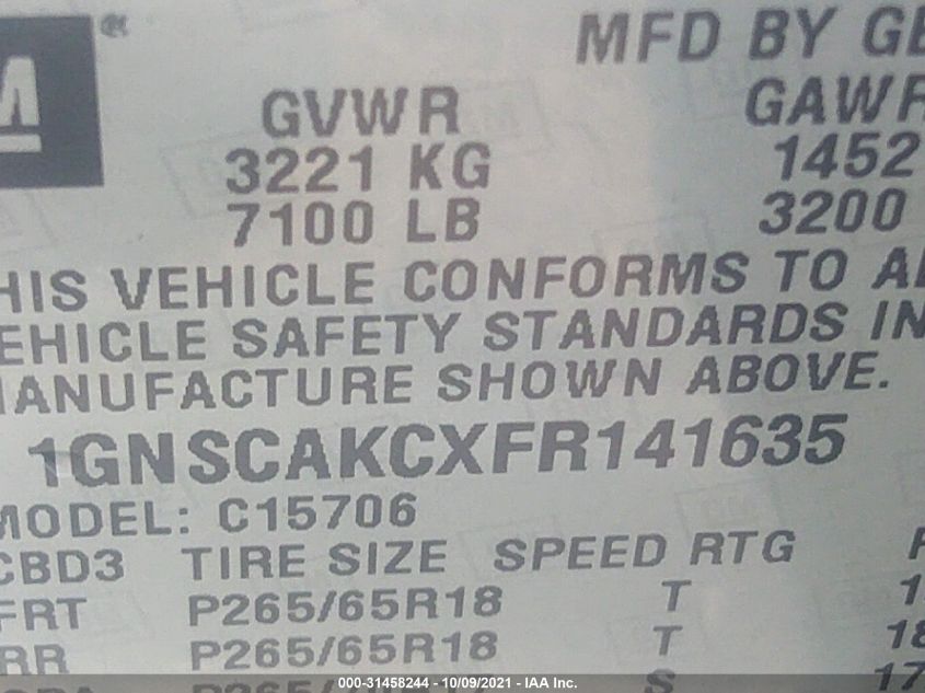 2015 CHEVROLET TAHOE LS 1GNSCAKCXFR141635