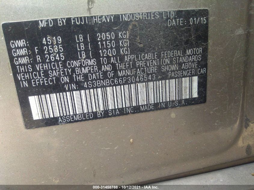 2015 SUBARU LEGACY 2.5I PREMIUM 4S3BNBC66F3046543