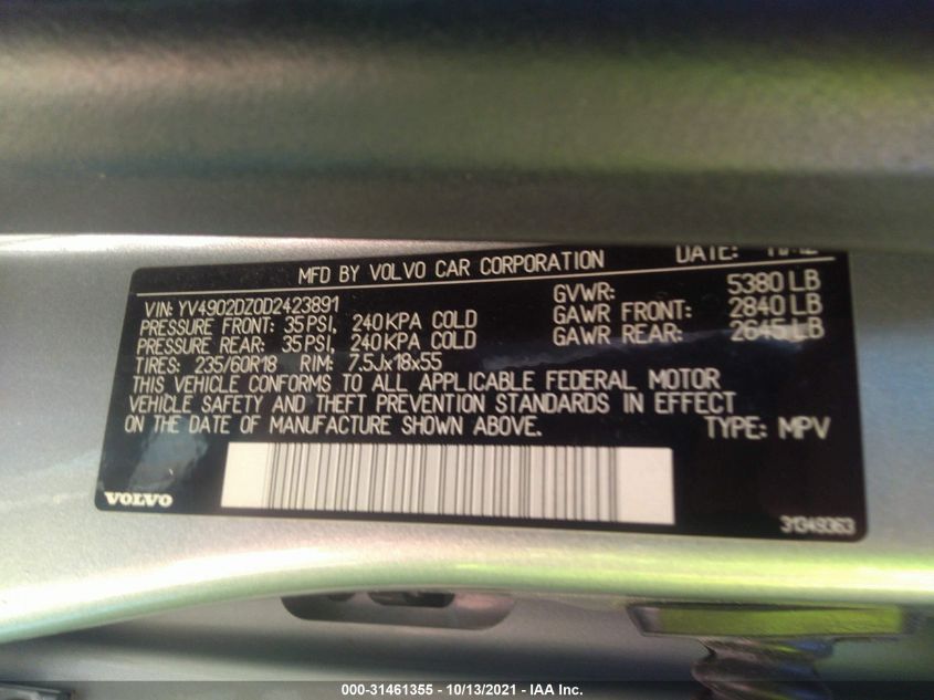 2013 VOLVO XC60 T6 YV4902DZ0D2423891