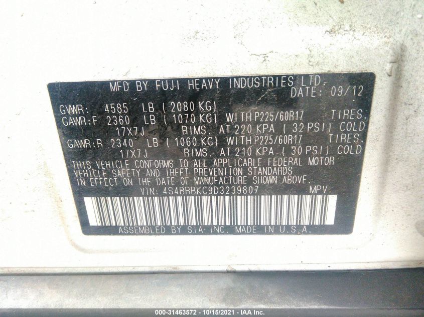 2013 SUBARU OUTBACK 2.5I LIMITED 4S4BRBKC9D3239807