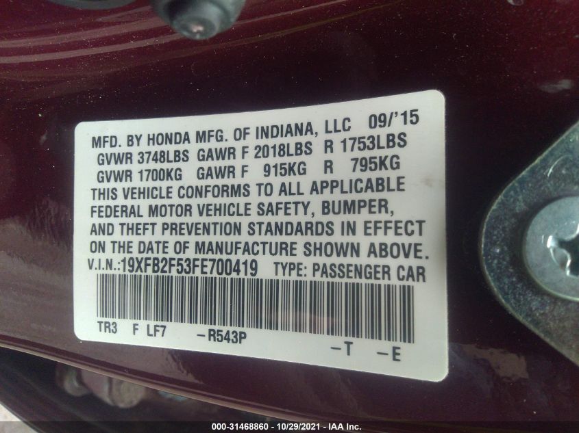 2015 HONDA CIVIC SEDAN LX 19XFB2F53FE700419