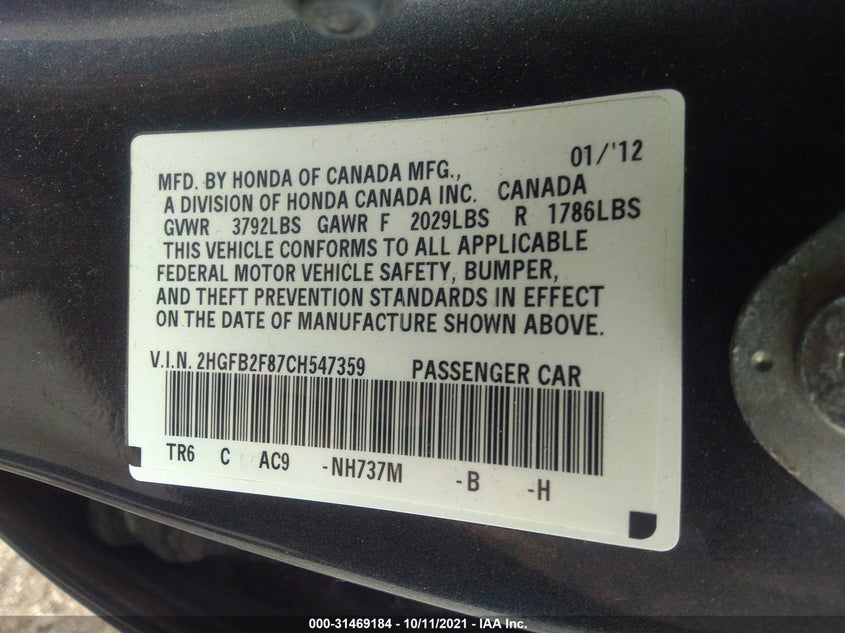2012 HONDA CIVIC SDN VIN: 2HGFB2F87CH547359