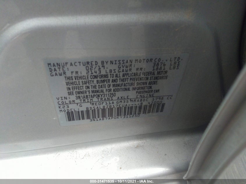 2019 NISSAN SENTRA VIN: 3N1AB7AP0KY311250