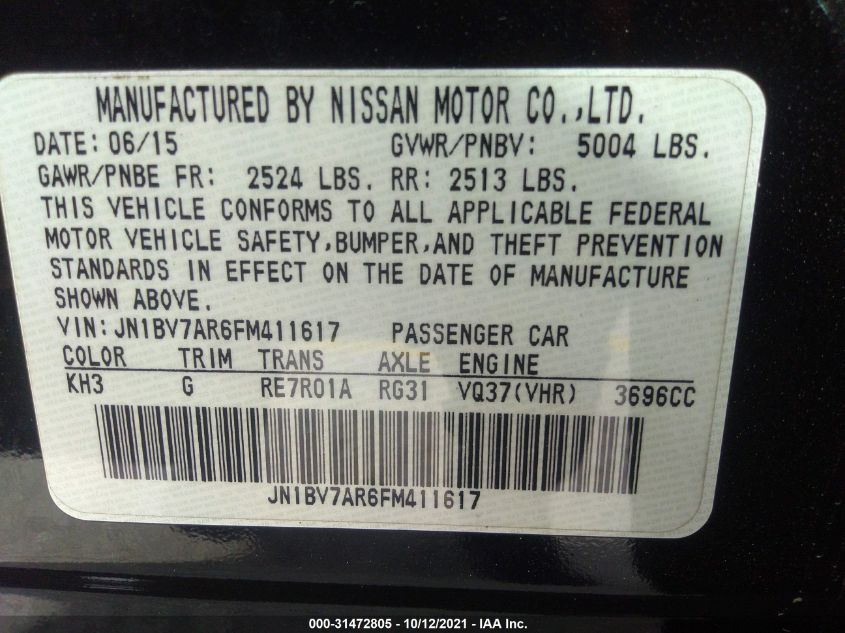 2015 INFINITI Q50 JN1BV7AR6FM411617