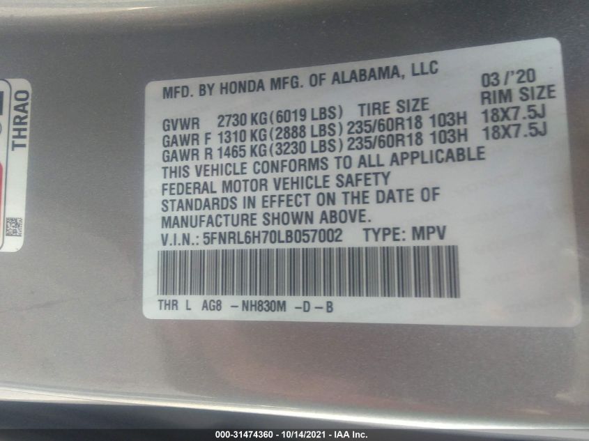 2020 HONDA ODYSSEY EX-L 5FNRL6H70LB057002