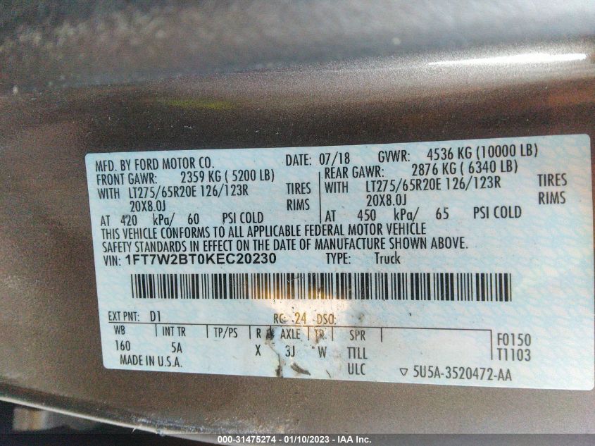 2019 FORD F-250 LARIAT - 1FT7W2BT0KEC20230