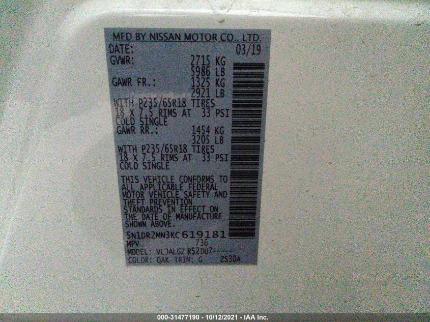2019 NISSAN PATHFINDER SL 5N1DR2MN3KC619181