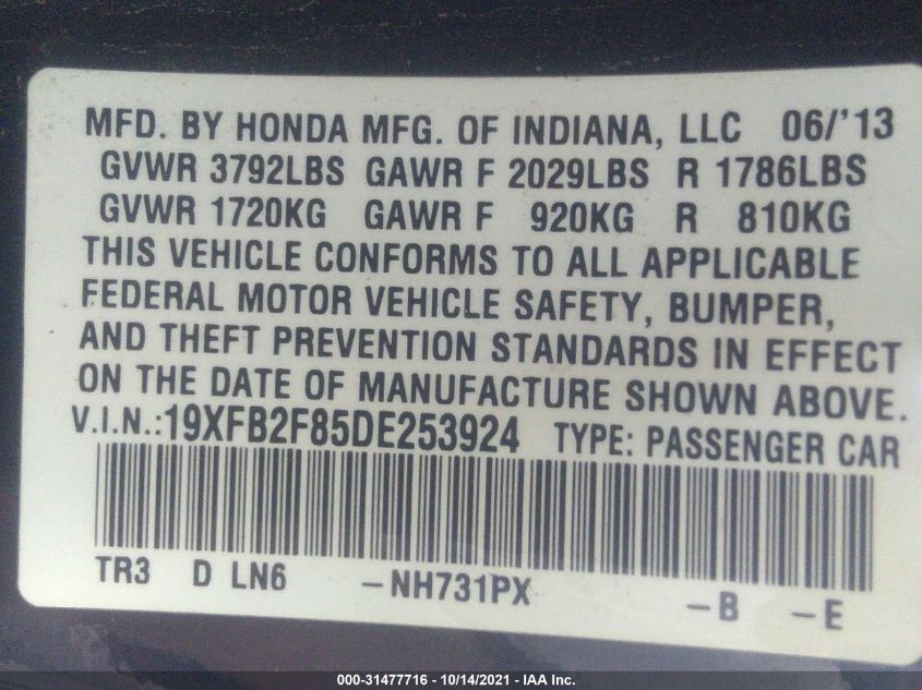 2013 HONDA CIVIC SDN EX 19XFB2F85DE253924