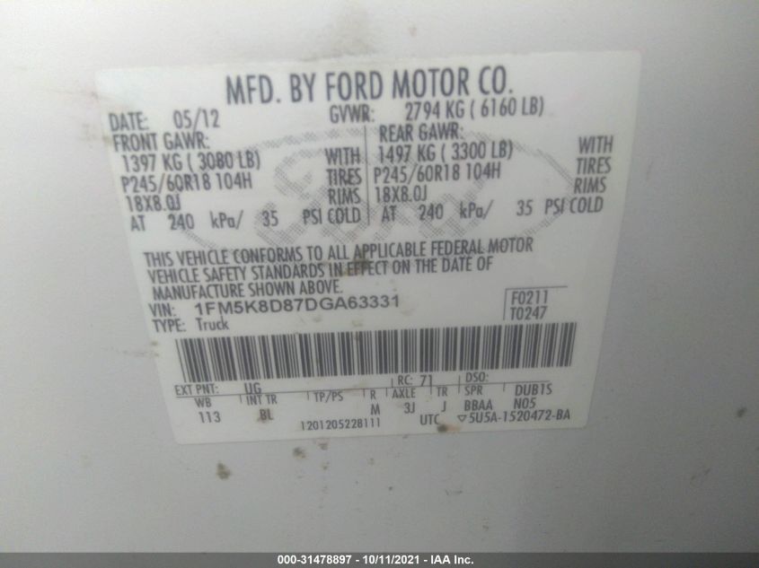 2013 FORD EXPLORER XLT 1FM5K8D87DGA63331