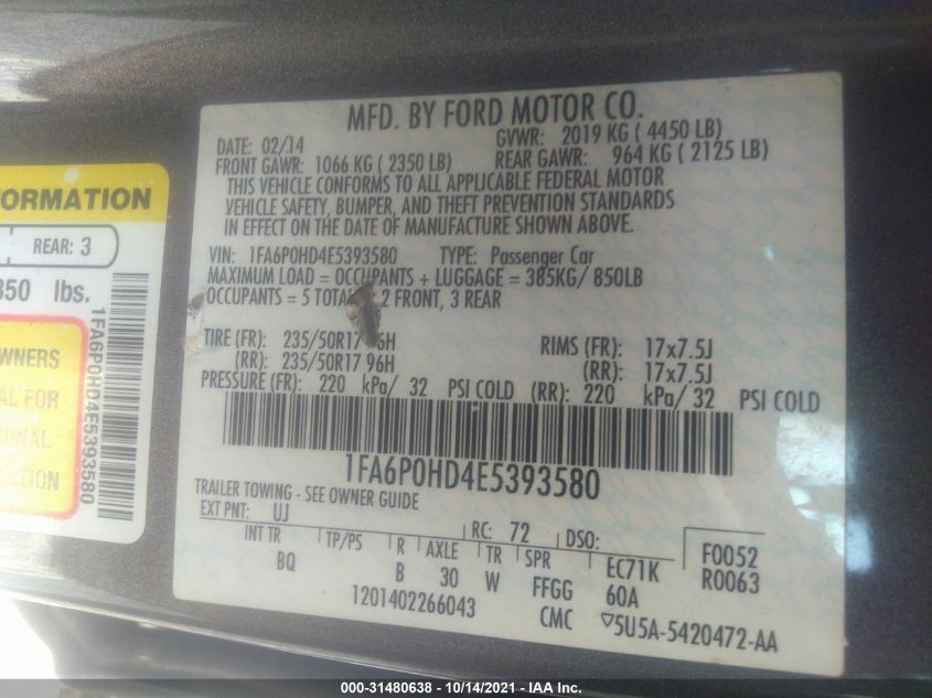 2014 FORD FUSION SE 1FA6P0HD4E5393580