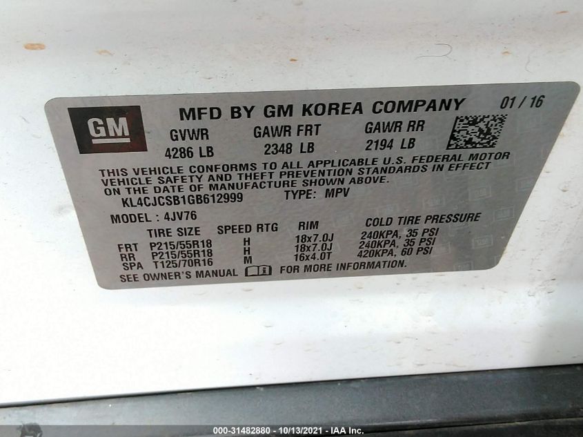 2016 BUICK ENCORE LEATHER KL4CJCSB1GB612999