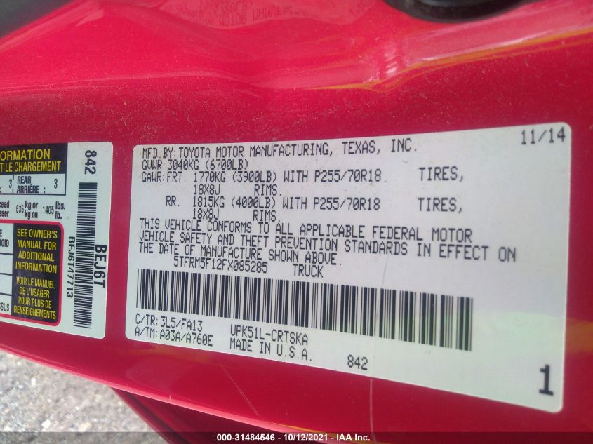 2015 TOYOTA TUNDRA 2WD TRUCK SR/SR5 5TFRM5F12FX085285