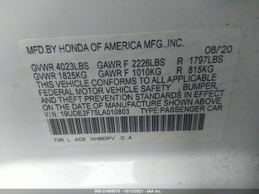 2020 ACURA ILX PKG 19UDE2F75LA010803