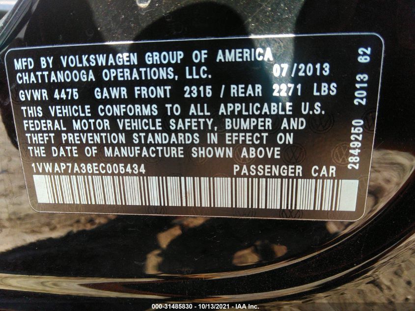 2014 VOLKSWAGEN PASSAT S 1VWAP7A36EC005434