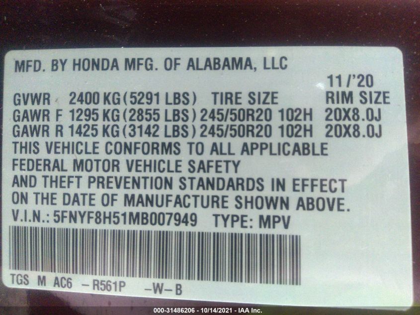 2021 HONDA PASSPORT EX-L 5FNYF8H51MB007949