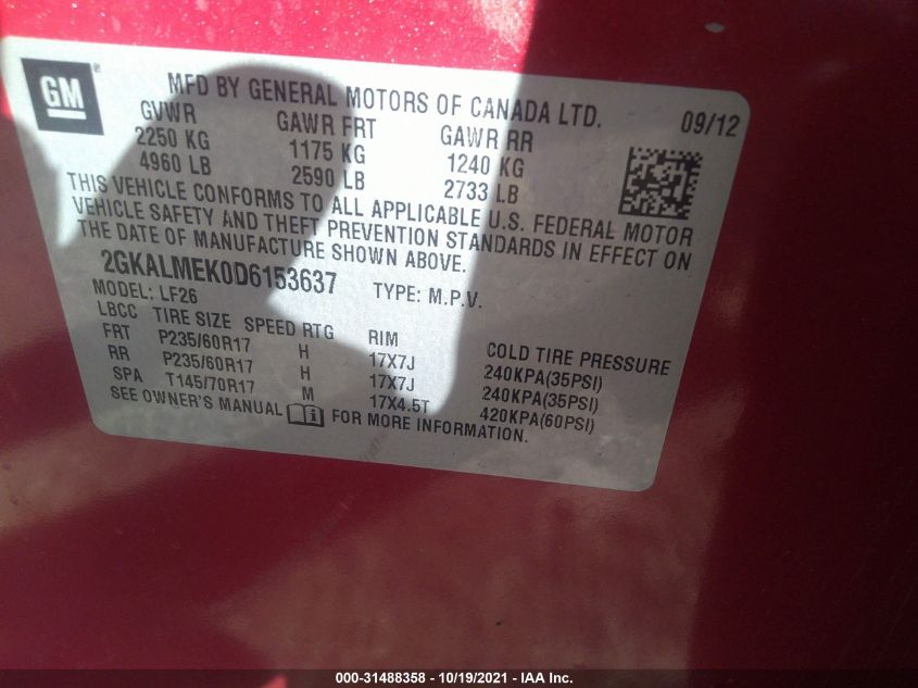 2013 GMC TERRAIN SLE 2GKALMEK0D6153637