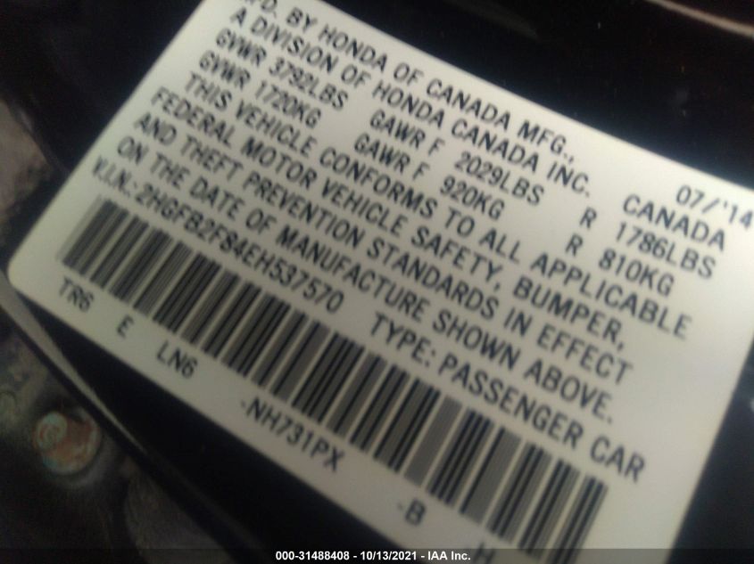 2014 HONDA CIVIC SEDAN EX 2HGFB2F84EH537570