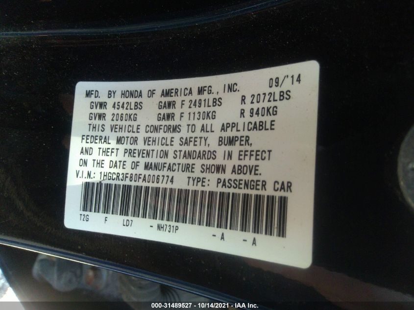2015 HONDA ACCORD SEDAN EX-L 1HGCR3F80FA006774