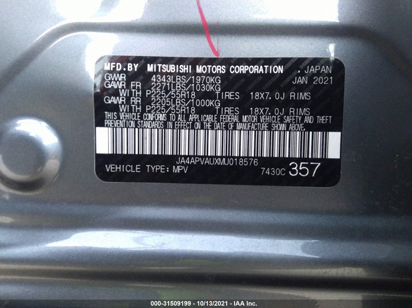 2021 MITSUBISHI OUTLANDER SPORT VIN: JA4APVAUXMU018576