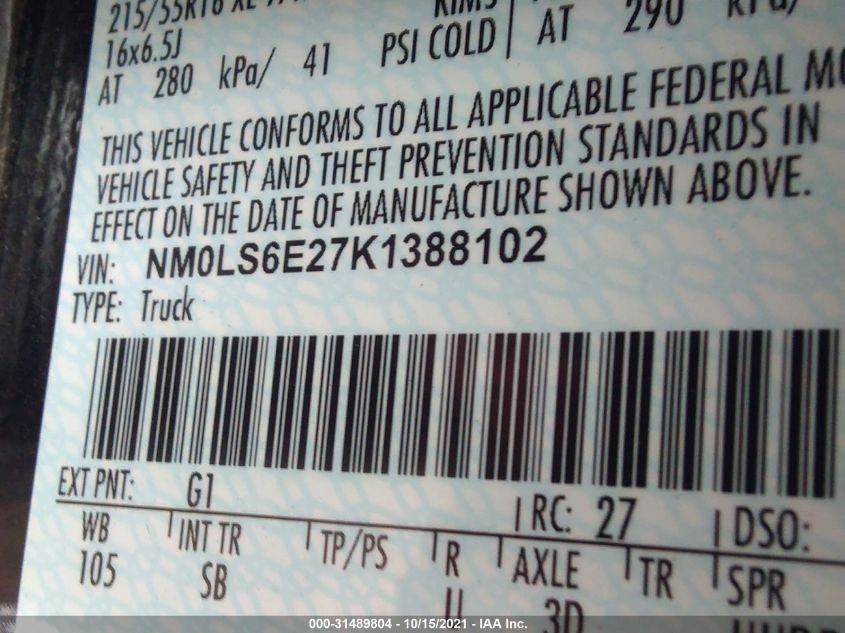 2019 FORD TRANSIT CONNECT VAN XL NM0LS6E27K1388102