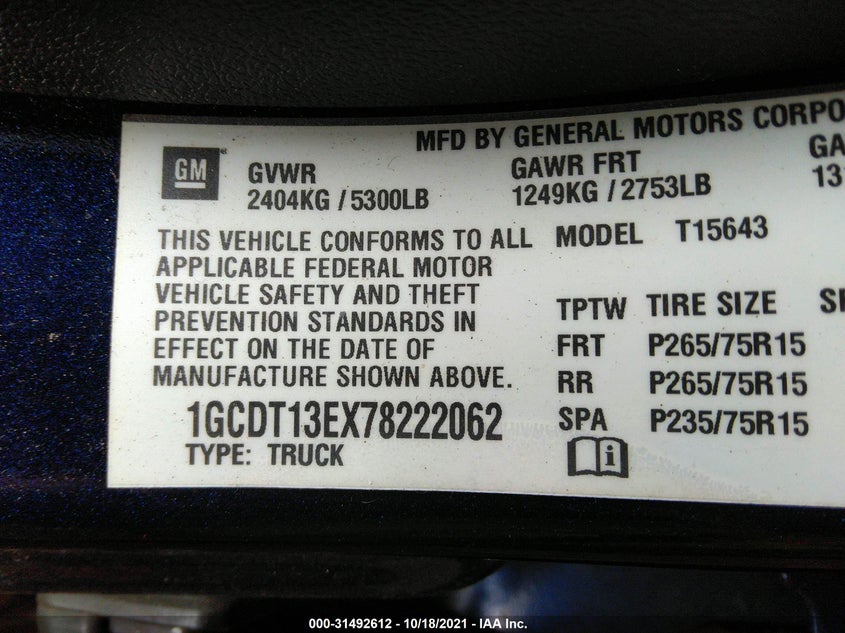2007 CHEVROLET COLORADO VIN: 1GCDT13EX78222062