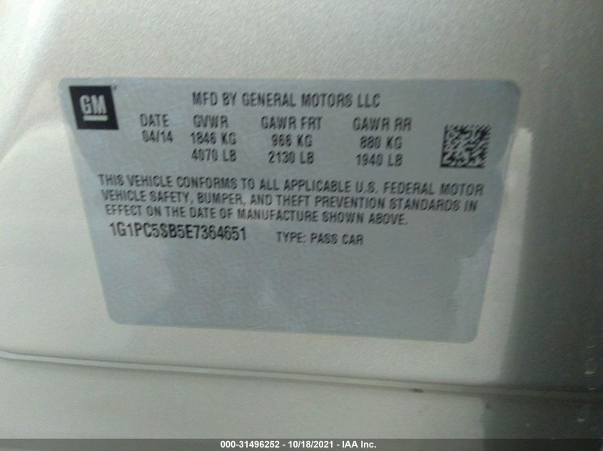 2014 CHEVROLET CRUZE 1LT 1G1PC5SB5E7364651